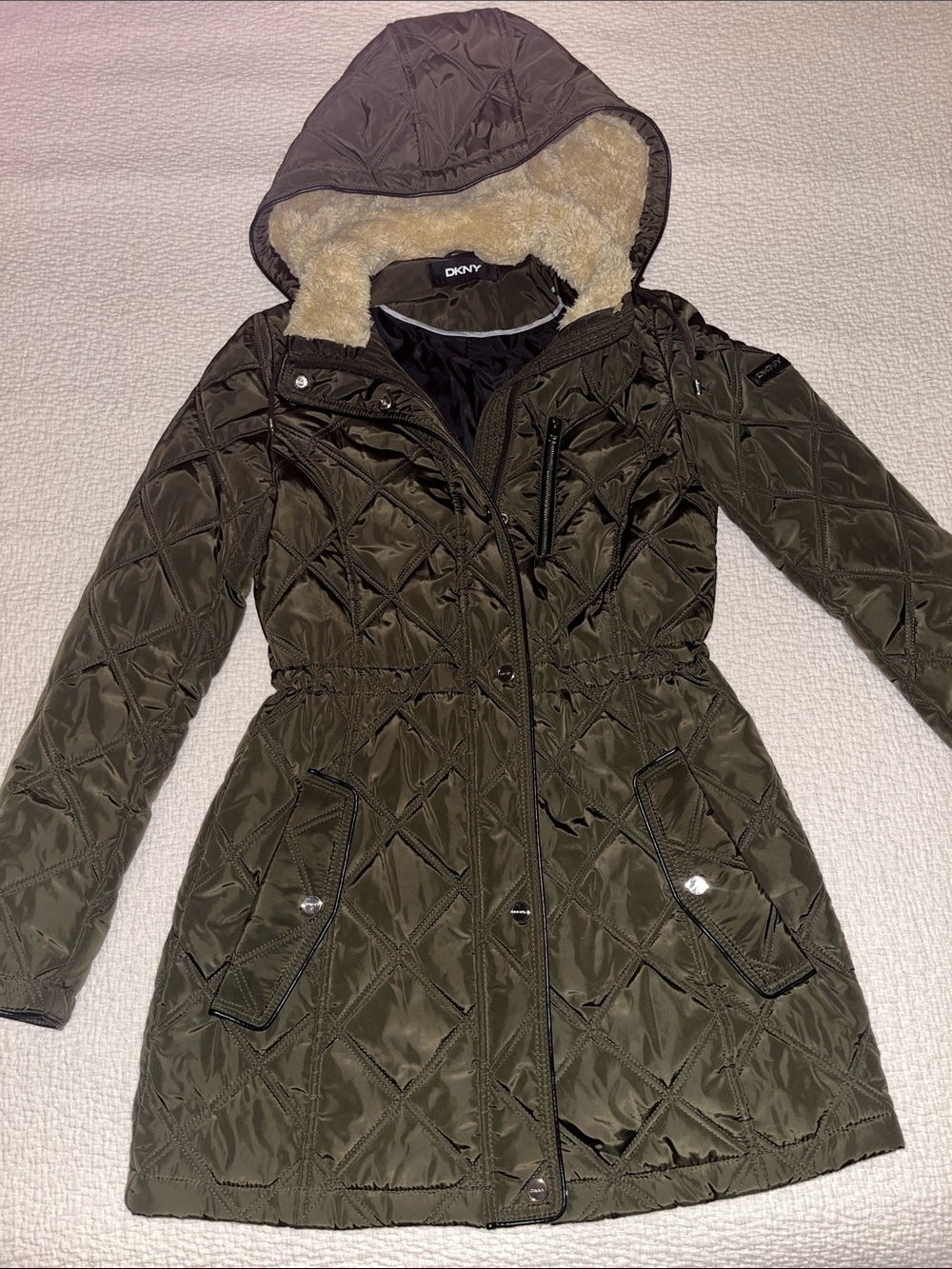 DKNY Quilted Hooded Puffer Coat - Olive